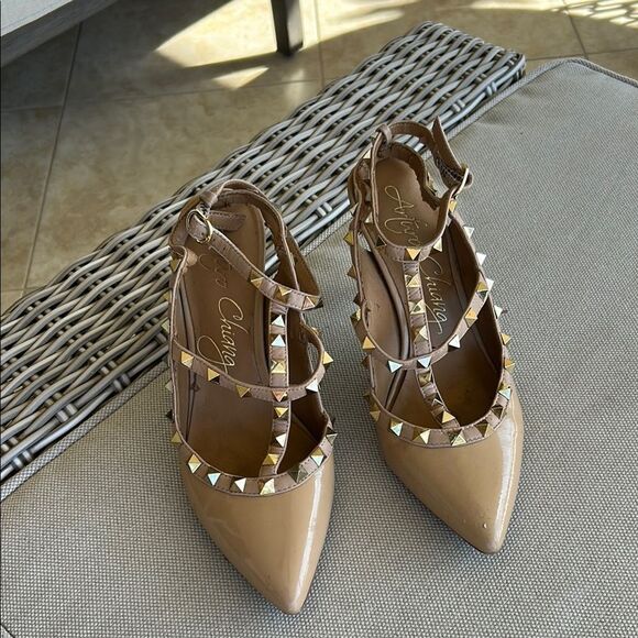 Studded Tan Heels - Picture 1 of 6